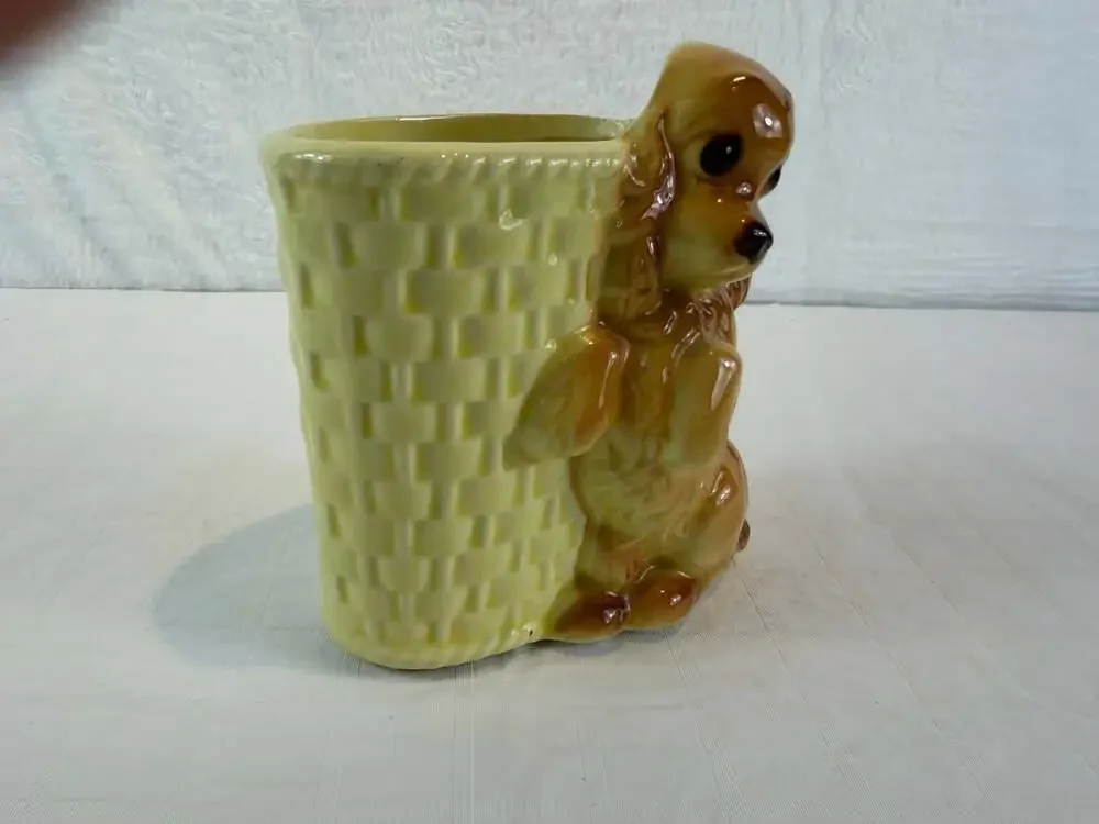 Vintage Royal Copley Planter Vase Brown Cocker Spaniel & Yellow Basket 5” Glaze